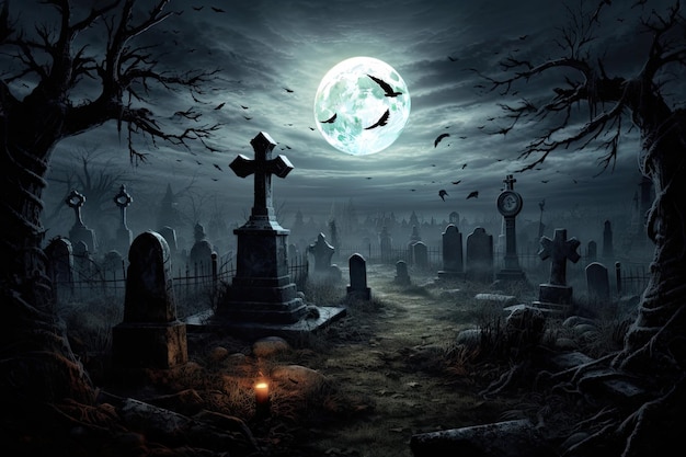 Vieilles tombes lune et corbeau au cimetière