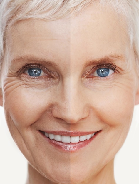 Vieillir avec grâce et beauté. Avant et après la photo d'un beau visage de femme âgée.