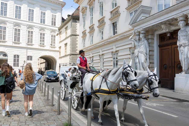 Vienne Autriche 13 juin 2023 Chariot de marche avec chevaux sur la place Josefsplatz à Vienne