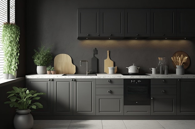 Évier de comptoirs noirs et gris et murs gris Image simulée d'idée de maison confortable