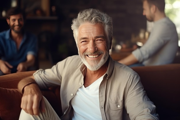 De vieux amis rient en se souvenant des vieux temps et des événements alors qu'ils sont assis sur le canapé dans le salon léger