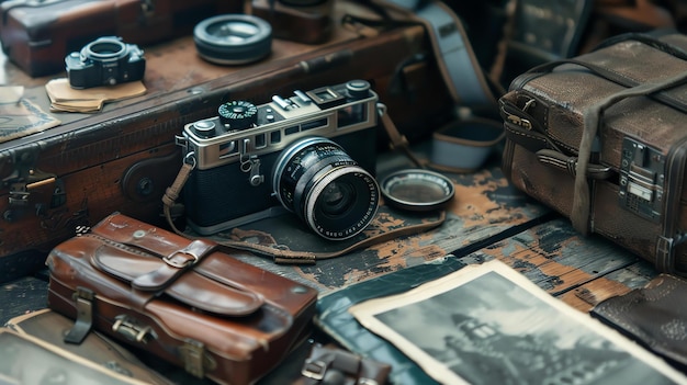 Un vieux appareil photo et d'autres équipements photographiques sont sur une table en bois