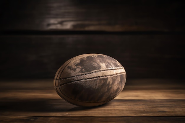 Un vieux ballon de rugby sur une table en bois