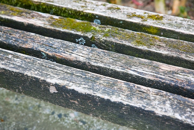 Vieux banc de planches de bois patiné avec de la mousse