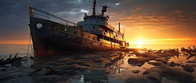 Vieux bateau abandonné en mer