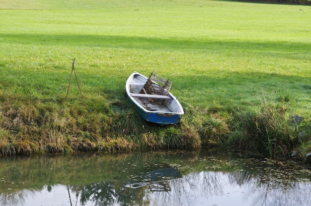 Vieux Bateau Bleu Près D'un étang Dans Une Forêt Pendant La Journée