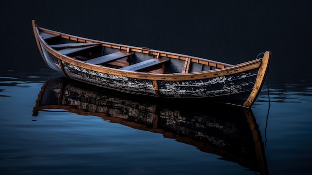 Vieux bateau en bois flottant sur un plan d'eau noir