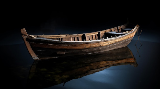 Vieux bateau en bois flottant sur un plan d'eau noir