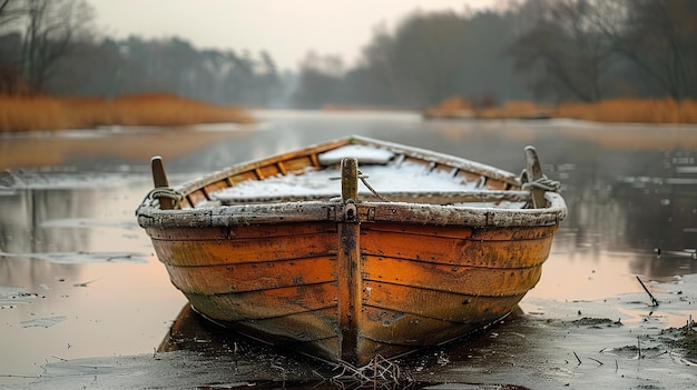 vieux bateau en bois jaune dans l'eau contre le fond de la rivière