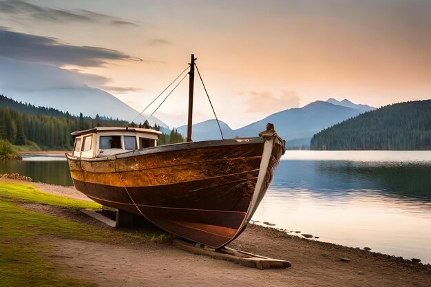 Photo un vieux bateau est amarré sur un lac avec des montagnes en arrière-plan.