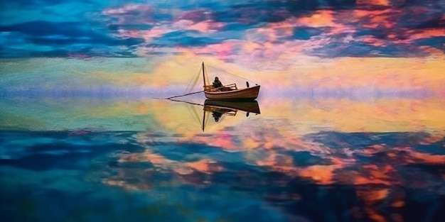 Un vieux bateau est assis sur un lac au passage de nuages sombres