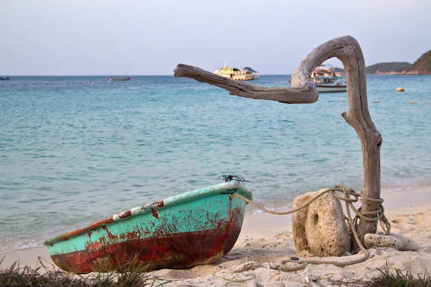 vieux bateau est attaché à une branche d&#39;arbre au bord de la mer