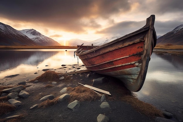 Un vieux bateau sur un lac devant une chaîne de montagnes.