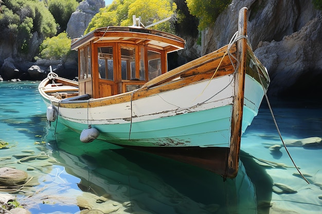 vieux bateau de pêche en bois au bord du lac