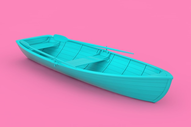 Vieux bateau de pêche en bois bleu dans le rendu 3d de style bichromie