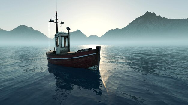 Un vieux bateau de pêche à la dérive lentement sur la mer brumeuse pendant le beau coucher de soleil 4K