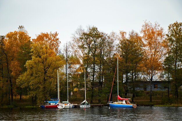 Vieux bateaux en bois près de la plage du lac Trakai Gavle, Lituanie. Temps d'automne et d'automne.