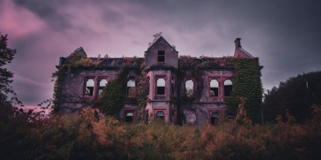 Un vieux bâtiment abandonné avec des vignes qui poussent sur le côté Image IA générative