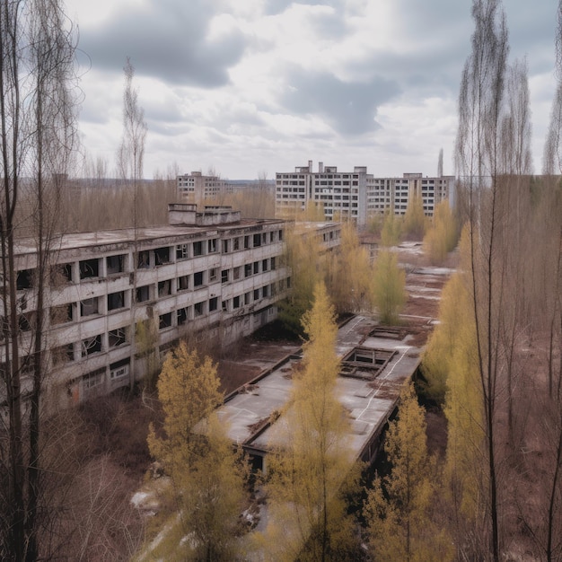 Un vieux bâtiment avec beaucoup d'arbres et un bâtiment avec beaucoup de feuilles jaunes.