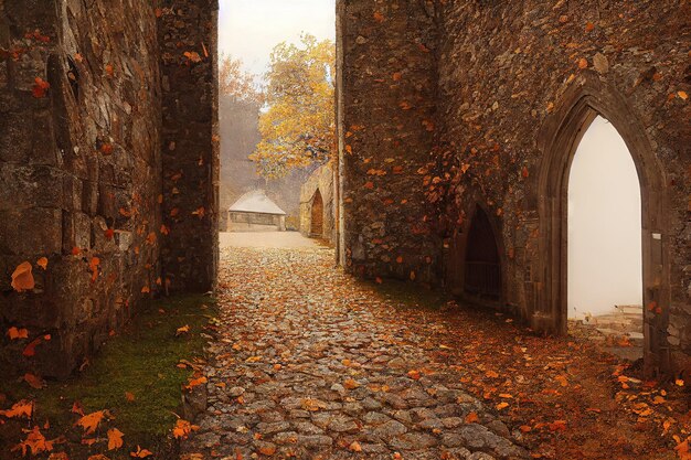 Vieux bâtiment de maison avec le beau fond de nature d'automne