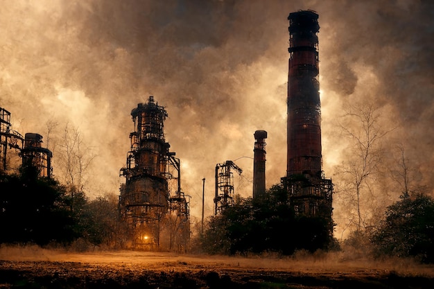 Vieux bâtiments industriels fantasmagoriques dans un environnement mystique Illustration d'art 3D