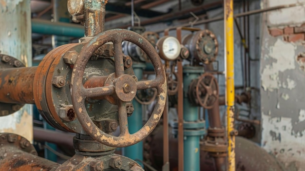 Vieux boutons de soupape en acier rouillé sur le mur d'une tour d'eau historique Valves en acier fortement corrodées d'une