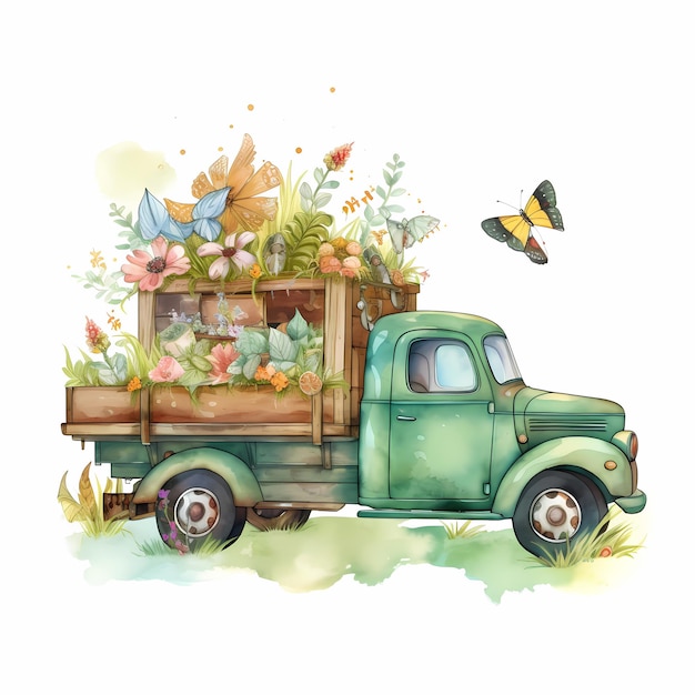 Un vieux camion bleu avec des fleurs et des oiseaux dessus