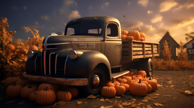 Photo un vieux camion dans une ferme pleine de citrouilles