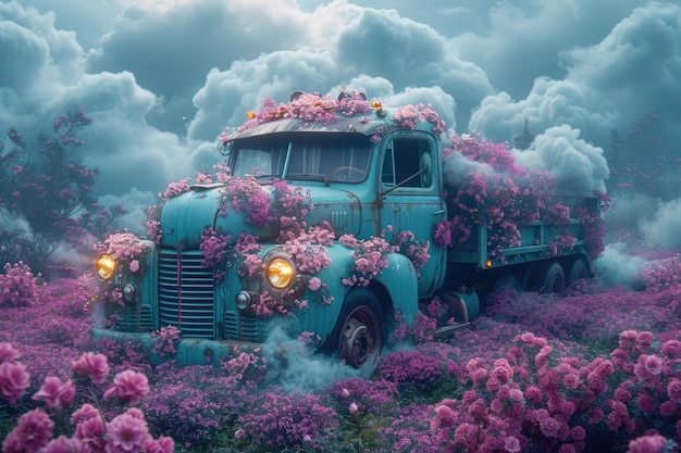 Un vieux camion dans un parterre de fleurs Décor