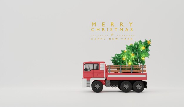 Photo vieux camion de noël rouge transportant un arbre de noël avec joyeux noël font3d rendu