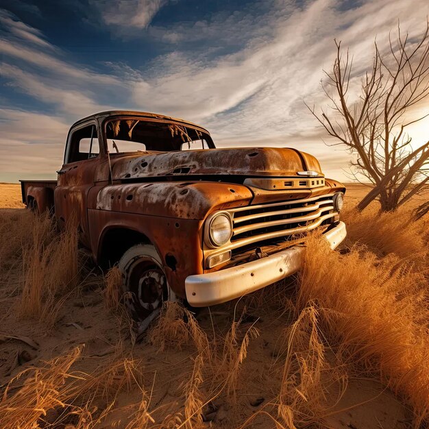 Photo un vieux camion rouillé au milieu d'un champ