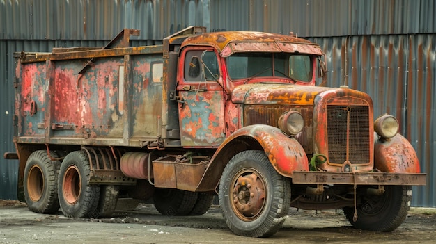 Un vieux camion rouillé est garé devant le bâtiment.