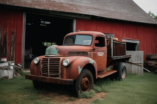 Un vieux camion rouillé garé devant une grange.