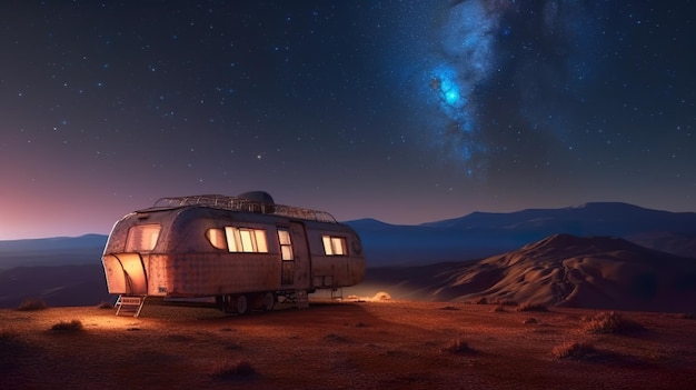 Un vieux camping-car est garé sur une colline la nuit avec le laiteux en arrière-plan Image AI générative