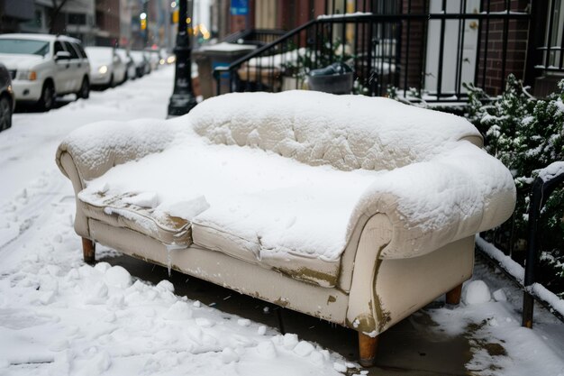 Photo vieux canapé couvert de neige sur un trottoir de la ville