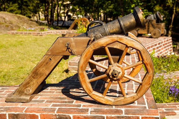 Photo un vieux canon se dresse dans le parc en été. cadre horizontal