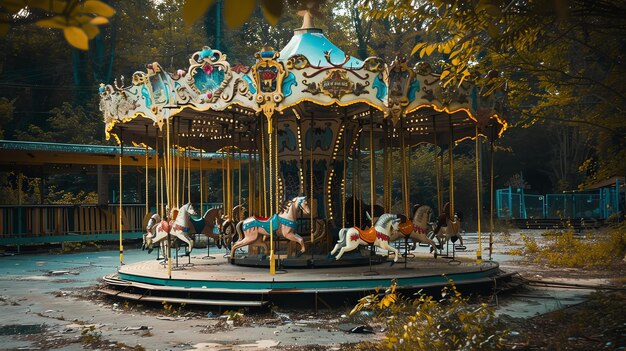 Photo un vieux carrousel abandonné se trouve dans un parc d'attractions oublié