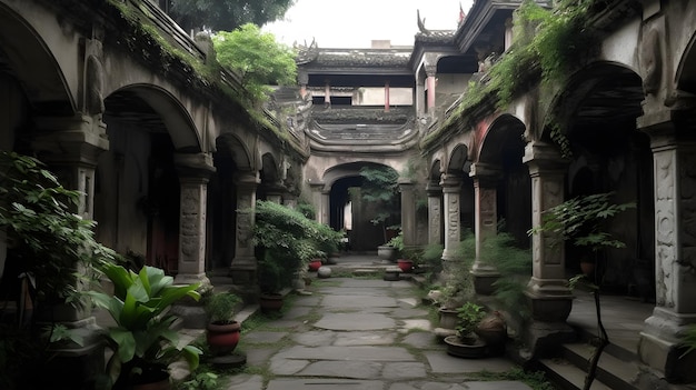 Vieux centre asiatique cour ouverte d'architecture de bâtiment oriental