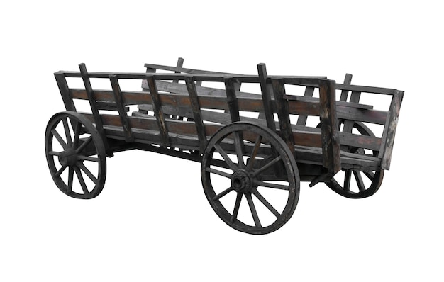 Vieux chariot décrépit sur quatre roues sur un fond blanc isolé