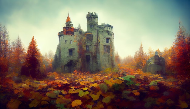 Un vieux château abandonné dans la forêt d'automne