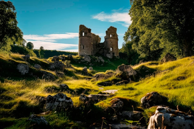 vieux château en pierre avec prairie autour