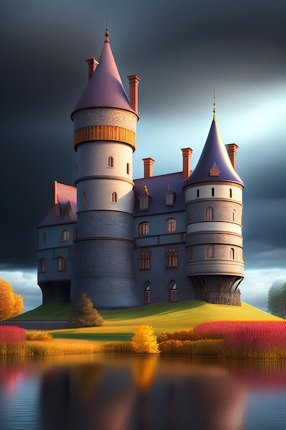 Vieux château en ruine sur le lac Ciel sombre et froid illustration 3d d'automne