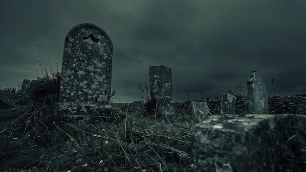 Un vieux cimetière délabré se trouve à la périphérie des landes ses pierres tombales tordues et envahis