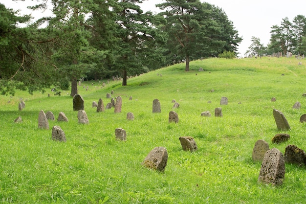 Un vieux cimetière avec des pierres tombales anciennes