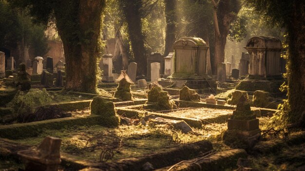 Un vieux cimetière avec des pierres tombales en décomposition