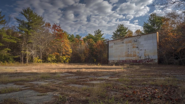 Photo un vieux cinéma abandonné avec un écran blanc au milieu d'une forêt le ciel est nuageux et les arbres sont en pleine floraison