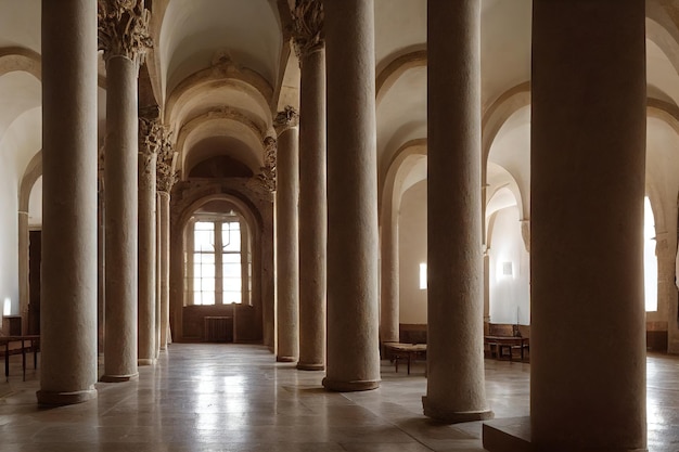 Vieux couloir de colonnade avec des colonnes en pierre