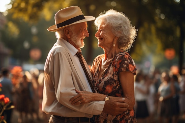 Un vieux couple d'amour heureux dans le parc de la ville en été