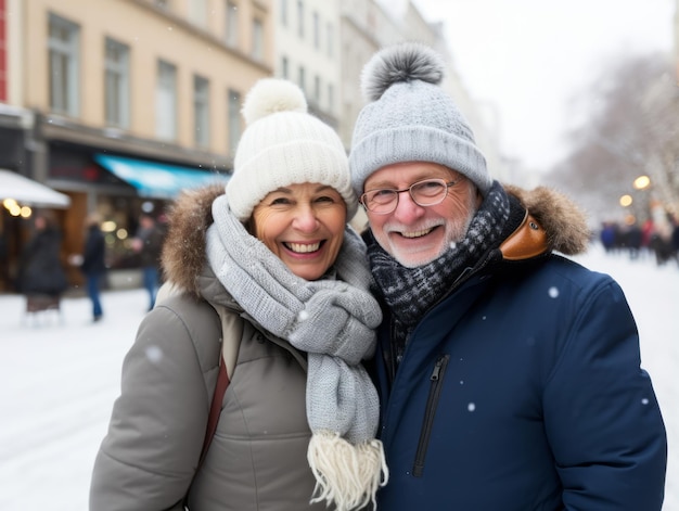 Un vieux couple d'amour profite d'une journée d'hiver romantique