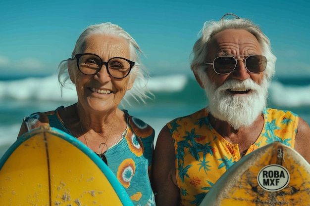 Photo un vieux couple heureux avec des planches de surf près de l'océan créées avec la technologie d'ia générative